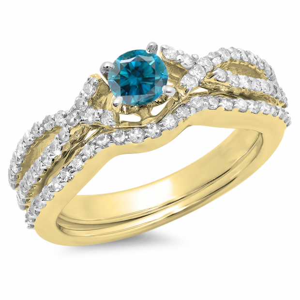 1.00 Carat (ctw) 10K Yellow Gold Round Cut Blue & White Diamond Ladies Bridal Swirl Split Shank Engagement Ring With Matching Band Set 1 CT