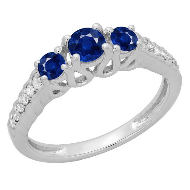 0.75 Carat (ctw) 14K White Gold Round Cut Blue Sapphire & White Diamond Ladies Bridal 3 Stone Engagement Ring 3/4 CT