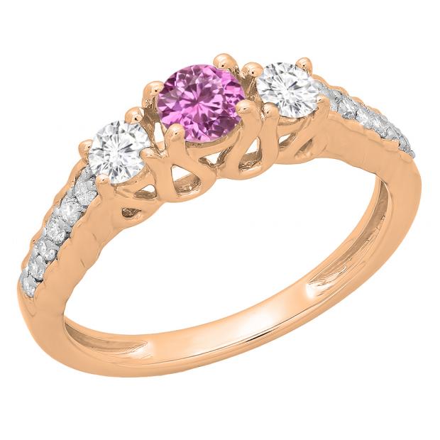 0.75 Carat (ctw) 14K Rose Gold Round Cut Pink Sapphire & White Diamond Ladies Bridal 3 Stone Engagement Ring 3/4 CT