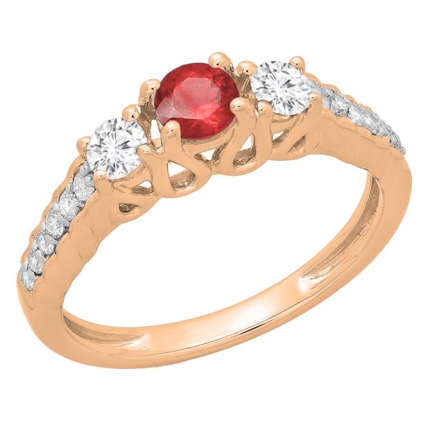 0.75 Carat (ctw) 18K Rose Gold Round Cut Red Ruby & White Diamond Ladies Bridal 3 Stone Engagement Ring 3/4 CT
