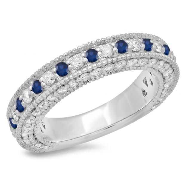 1.60 Carat (ctw) 14K White Gold Round Cut Blue Sapphire & White Diamond Ladies Milgrain Anniversary Wedding Stackable Band