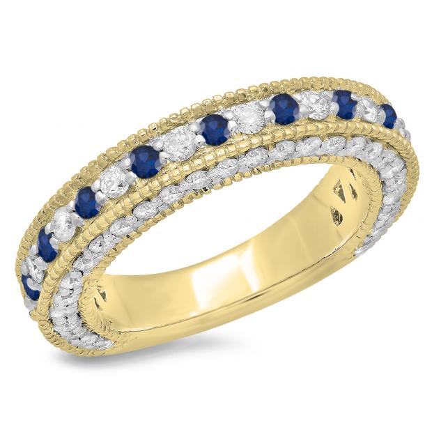 1.60 Carat (ctw) 14K Yellow Gold Round Cut Blue Sapphire & White Diamond Ladies Milgrain Anniversary Wedding Stackable Band