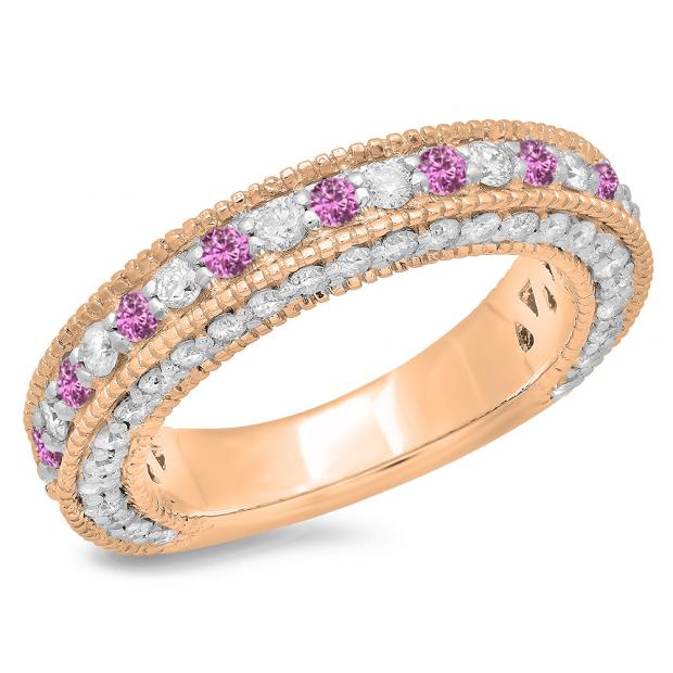 1.60 Carat (ctw) 14K Rose Gold Round Cut Pink Sapphire & White Diamond Ladies Milgrain Anniversary Wedding Stackable Band
