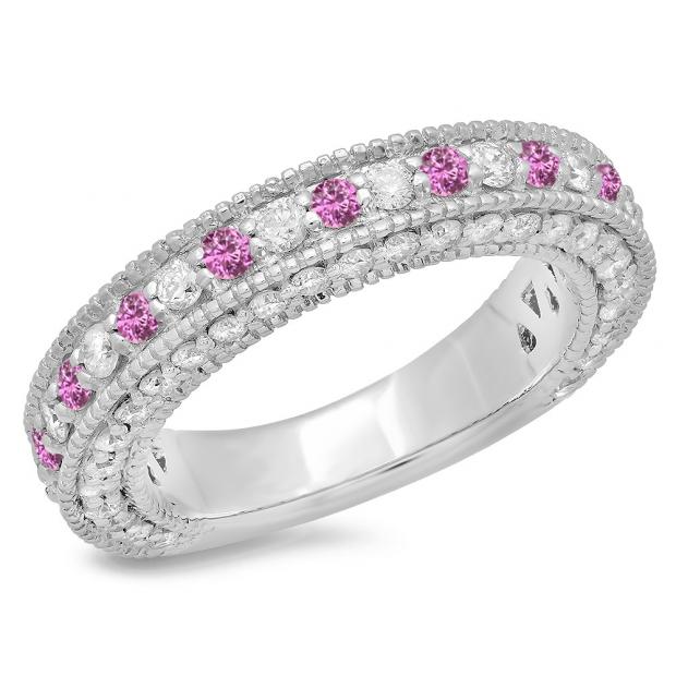 1.60 Carat (ctw) 14K White Gold Round Cut Pink Sapphire & White Diamond Ladies Milgrain Anniversary Wedding Stackable Band