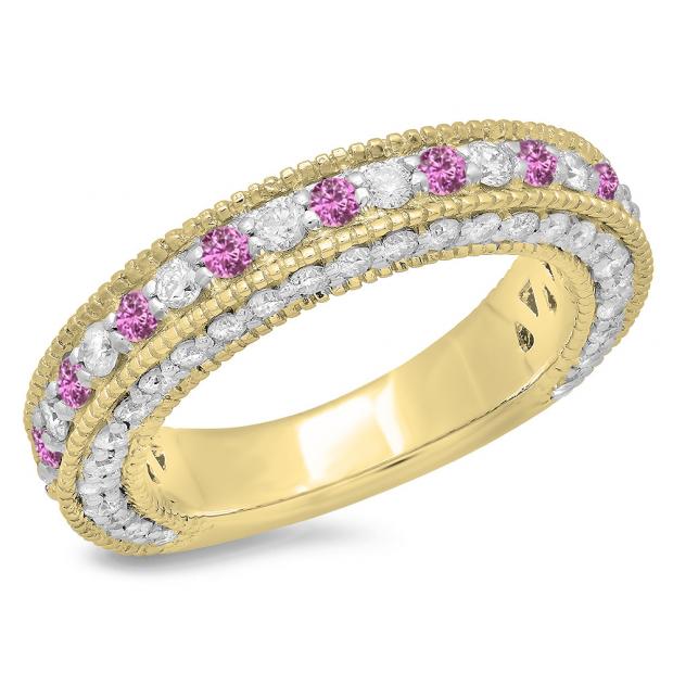 1.60 Carat (ctw) 14K Yellow Gold Round Cut Pink Sapphire & White Diamond Ladies Milgrain Anniversary Wedding Stackable Band