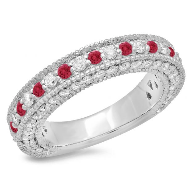 1.60 Carat (ctw) 18K White Gold Round Cut Ruby & White Diamond Ladies Milgrain Anniversary Wedding Stackable Band