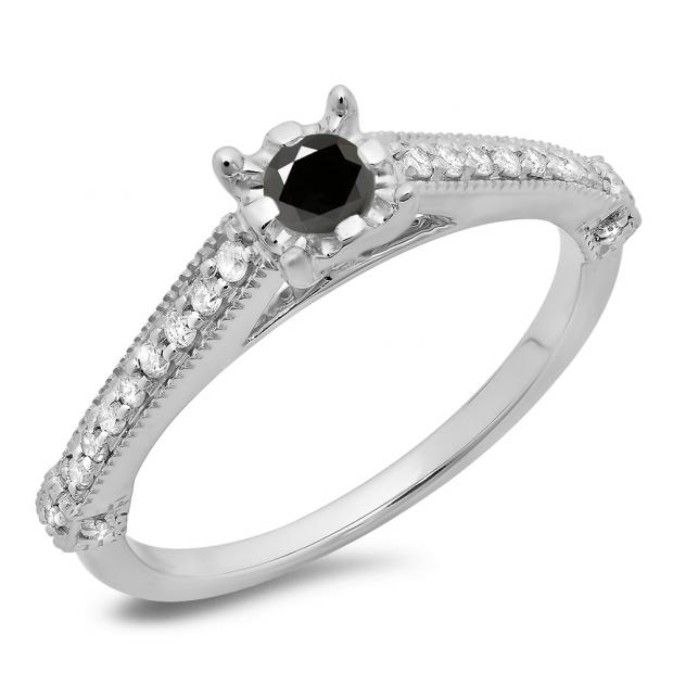 0.40 Carat (ctw) 10K White Gold Round Cut Black & White Diamond Ladies Bridal Solitaire With Accents Engagement Ring