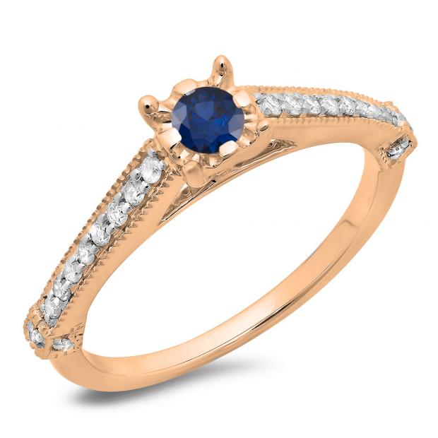 0.40 Carat (ctw) 10K Rose Gold Round Cut Blue Sapphire & White Diamond Ladies Bridal Solitaire With Accents Engagement Ring