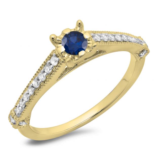 0.40 Carat (ctw) 10K Yellow Gold Round Cut Blue Sapphire & White Diamond Ladies Bridal Solitaire With Accents Engagement Ring
