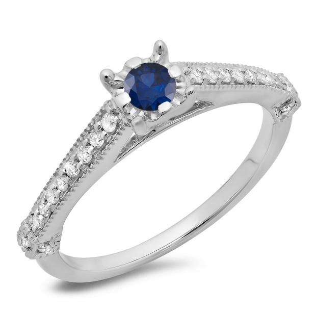 0.40 Carat (ctw) 14K White Gold Round Cut Blue Sapphire & White Diamond Ladies Bridal Solitaire With Accents Engagement Ring