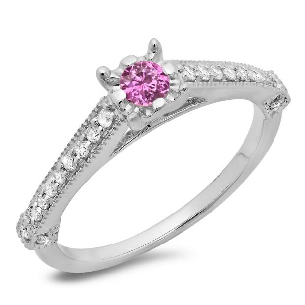0.40 Carat (ctw) 10K White Gold Round Cut Pink Sapphire & White Diamond Ladies Bridal Solitaire With Accents Engagement Ring