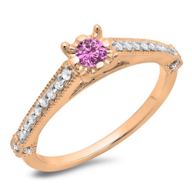 0.40 Carat (ctw) 18K Rose Gold Round Cut Pink Sapphire & White Diamond Ladies Bridal Solitaire With Accents Engagement Ring