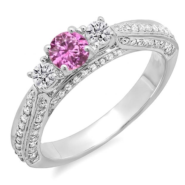 1.00 Carat (ctw) 14K White Gold Round Pink Sapphire & White Diamond Ladies Bridal Engagement Ring 1 CT