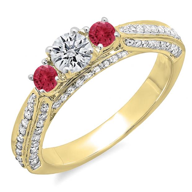 1.00 Carat (ctw) 14K Yellow Gold Round Ruby & White Diamond Ladies Bridal Engagement Ring 1 CT