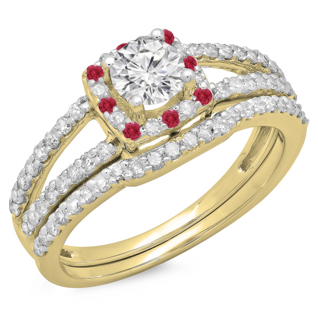1.00 Carat (ctw) 10K Yellow Gold Round Ruby & White Diamond Ladies Split Shank Halo Bridal Engagement Ring With Matching Band Set 1 CT