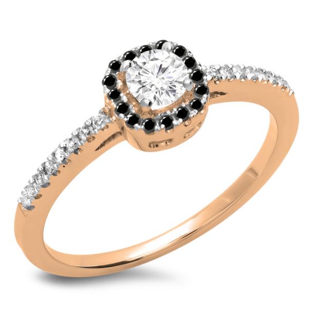 0.45 Carat (ctw) 10K Rose Gold Round Cut Black & White Diamond Ladies Halo Style Bridal Engagement Ring 1/2 CT