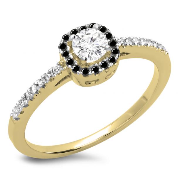 0.45 Carat (ctw) 10K Yellow Gold Round Cut Black & White Diamond Ladies Halo Style Bridal Engagement Ring 1/2 CT