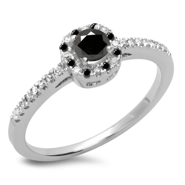0.45 Carat (ctw) 10K White Gold Round Cut Black & White Diamond Ladies Halo Style Bridal Engagement Ring 1/2 CT