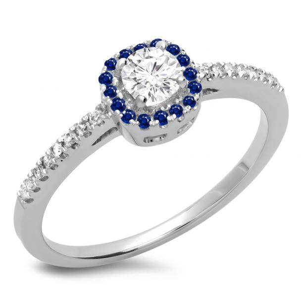 0.45 Carat (ctw) 10K White Gold Round Cut Blue Sapphire & White Diamond Ladies Halo Style Bridal Engagement Ring 1/2 CT