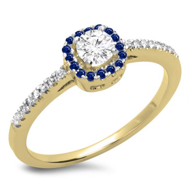 0.45 Carat (ctw) 10K Yellow Gold Round Cut Blue Sapphire & White Diamond Ladies Halo Style Bridal Engagement Ring 1/2 CT