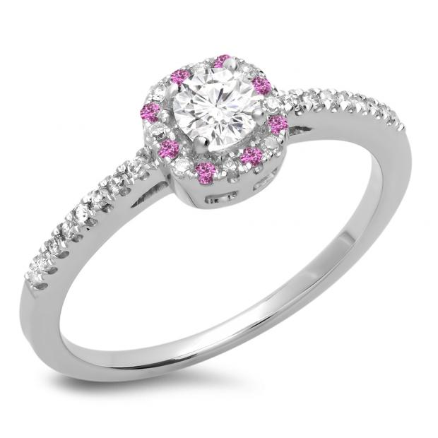 0.45 Carat (ctw) 14K White Gold Round Cut Pink Sapphire & White Diamond Ladies Halo Style Bridal Engagement Ring 1/2 CT