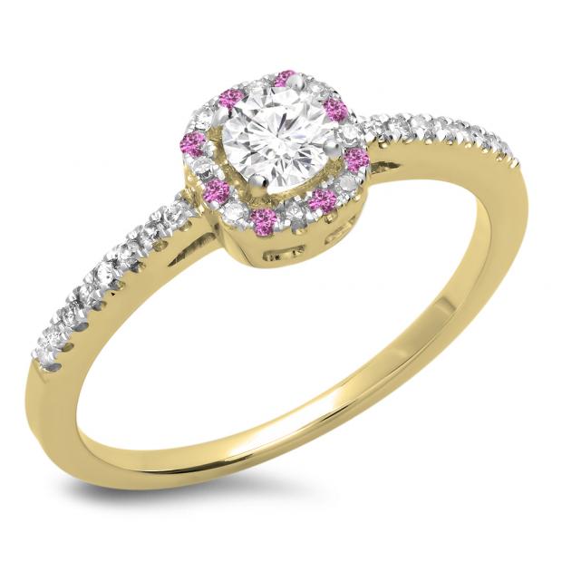 0.45 Carat (ctw) 14K Yellow Gold Round Cut Pink Sapphire & White Diamond Ladies Halo Style Bridal Engagement Ring 1/2 CT