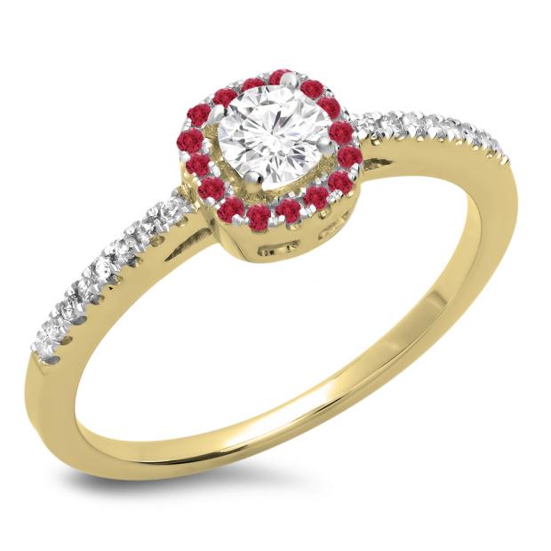 0.45 Carat (ctw) 10K Yellow Gold Round Cut Ruby & White Diamond Ladies Halo Style Bridal Engagement Ring 1/2 CT