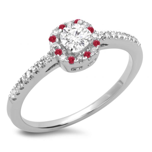 0.45 Carat (ctw) 10K White Gold Round Cut Ruby & White Diamond Ladies Halo Style Bridal Engagement Ring 1/2 CT