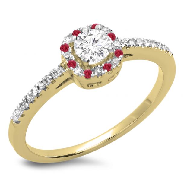 0.45 Carat (ctw) 10K Yellow Gold Round Cut Ruby & White Diamond Ladies Halo Style Bridal Engagement Ring 1/2 CT