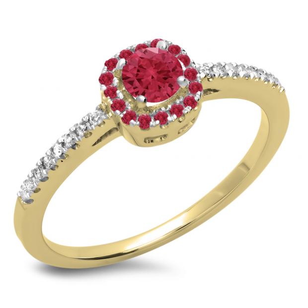0.45 Carat (ctw) 14K Yellow Gold Round Cut Ruby & White Diamond Ladies Halo Style Bridal Engagement Ring 1/2 CT