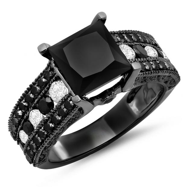 5.10 Carat (ctw) Black Rhodium Plated 14K White Gold Princess & Round Cut Black & White Diamond Ladies Vintage Style Solitaire With Accents Bridal Engagement Ring