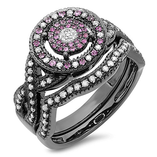 0.55 Carat (ctw) Black Rhodium Plated Sterling Silver Round White Diamond and Pink Sapphire Womens Micro Pave Engagement Ring Set 1/2 CT