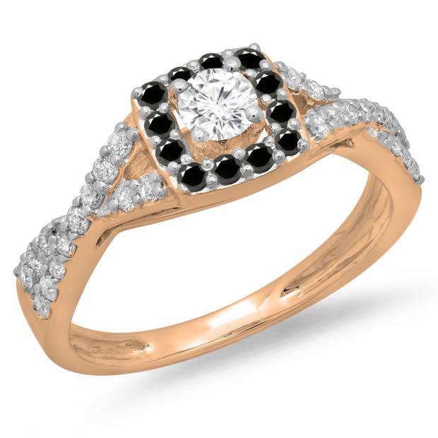 0.75 Carat (ctw) 14K Rose Gold Round Cut Black & White Diamond Ladies Bridal Swirl Split Shank Halo Engagement Ring 3/4 CT