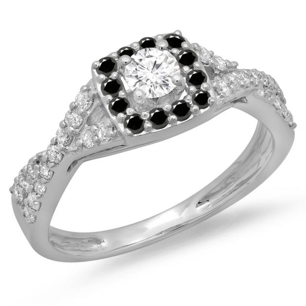 0.75 Carat (ctw) 14K White Gold Round Cut Black & White Diamond Ladies Bridal Swirl Split Shank Halo Engagement Ring 3/4 CT