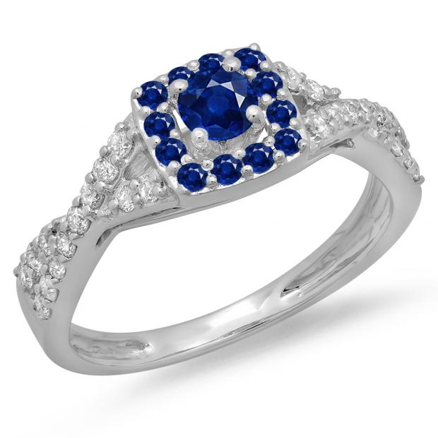 0.75 Carat (ctw) 18K White Gold Round Cut Blue Sapphire & White Diamond Ladies Bridal Swirl Split Shank Halo Engagement Ring 3/4 CT