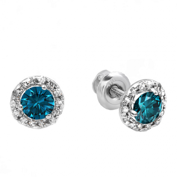 0.35 Carat (ctw) 10k White Gold Round Blue & White Diamond Halo Stud Earrings