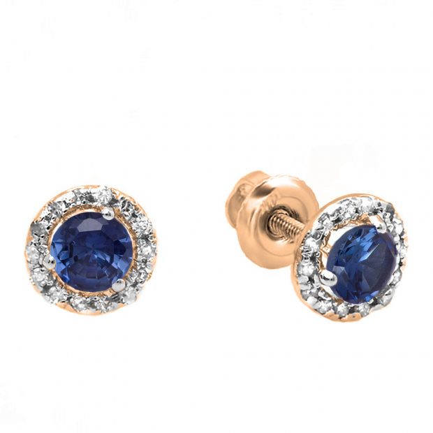 0.35 Carat (ctw) 10k Rose Gold Round Blue Sapphire & White Diamond Halo Stud Earrings