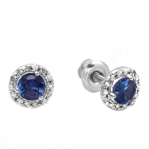 0.35 Carat (ctw) 14k White Gold Round Blue Sapphire & White Diamond Halo Stud Earrings