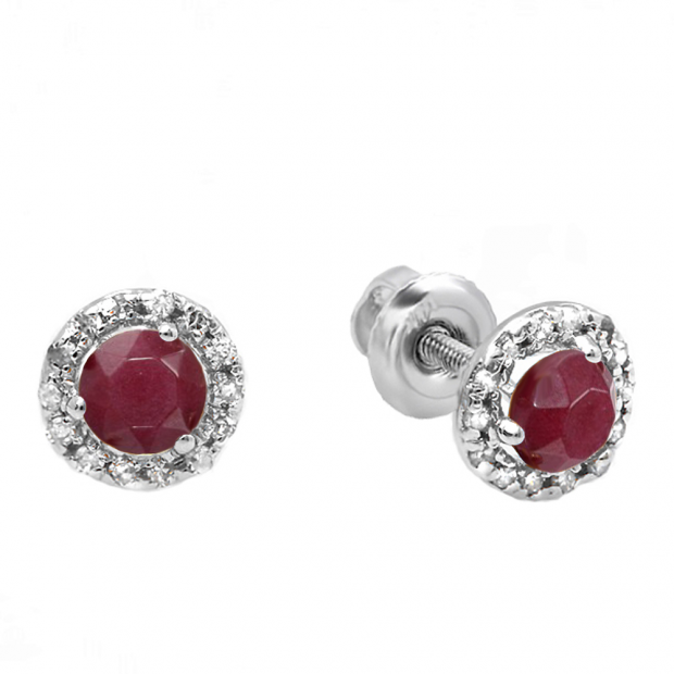 0.35 Carat (ctw) 10k White Gold Round Ruby & White Diamond Halo Stud Earrings