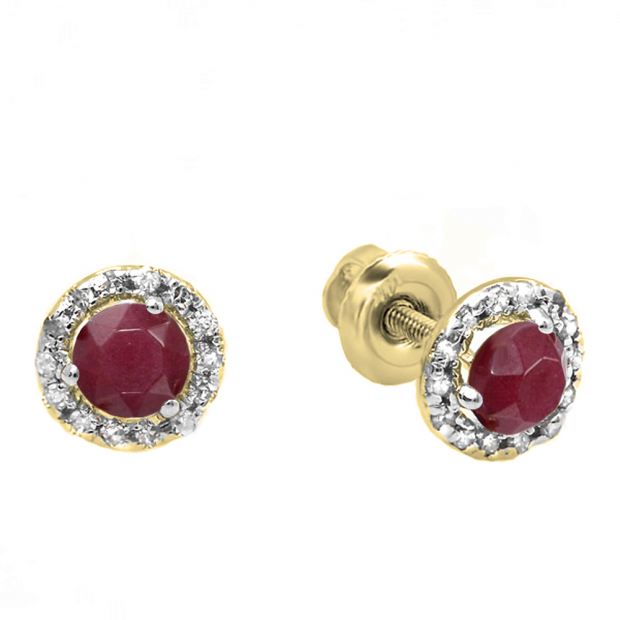 0.35 Carat (ctw) 10k Yellow Gold Round Ruby & White Diamond Halo Stud Earrings
