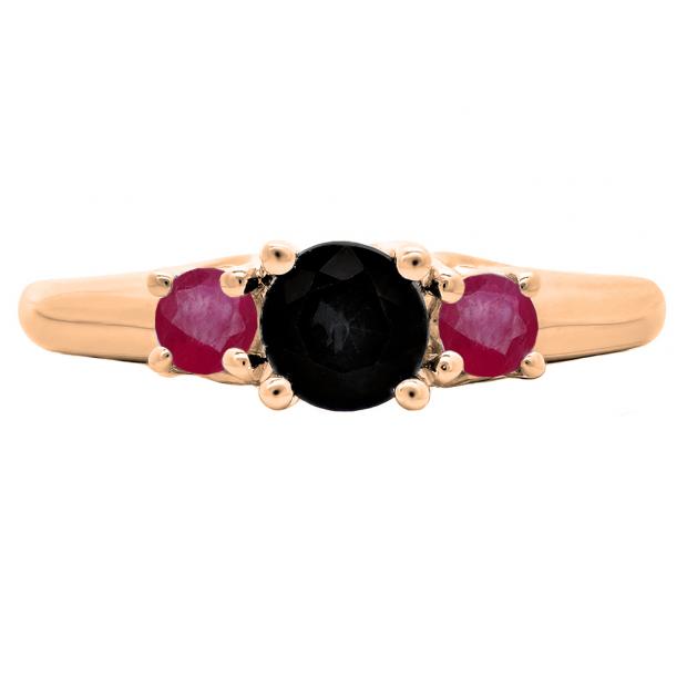 1.00 Carat (ctw) 10K Rose Gold Round Cut Ruby & Black Diamond Ladies Bridal 3 Stone Engagement Ring 1 CT