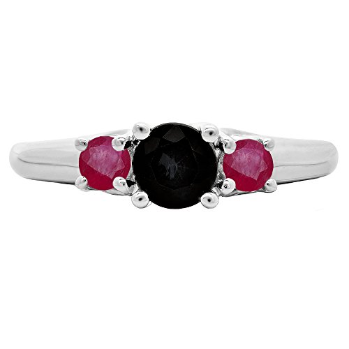 1.00 Carat (ctw) 10K White Gold Round Cut Ruby & Black Diamond Ladies Bridal 3 Stone Engagement Ring 1 CT