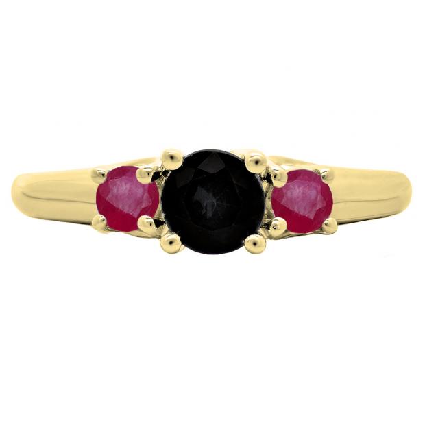 1.00 Carat (ctw) 10K Yellow Gold Round Cut Ruby & Black Diamond Ladies Bridal 3 Stone Engagement Ring 1 CT