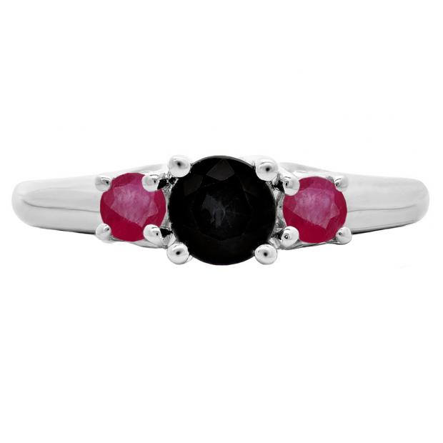 1.00 Carat (ctw) 14K White Gold Round Cut Ruby & Black Diamond Ladies Bridal 3 Stone Engagement Ring 1 CT