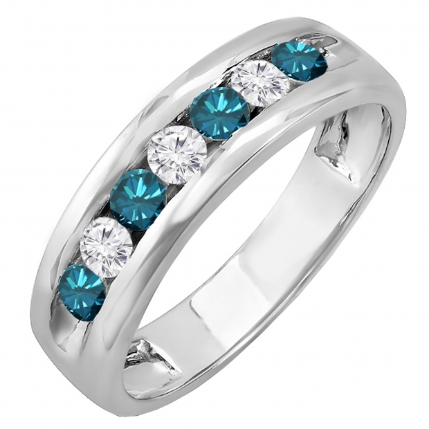 0.85 Carat (ctw) 10K White Gold Round White & Blue Diamond Mens Anniversary Wedding Band Ring
