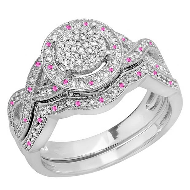 0.53 Carat (ctw) 10K White Gold Round Pink Sapphire And White Diamond Womens Micro Pave Engagement Ring Set 1/2 CT