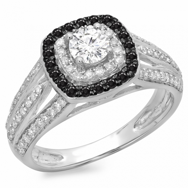 1.10 Carat (ctw) 14K White Gold Round Cut Black & White Diamond Ladies Split Shank Vintage Style Bridal Halo Engagement Ring 1 CT