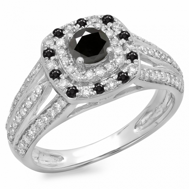 1.10 Carat (ctw) 18K White Gold Round Cut Black & White Diamond Ladies Split Shank Vintage Style Bridal Halo Engagement Ring 1 CT