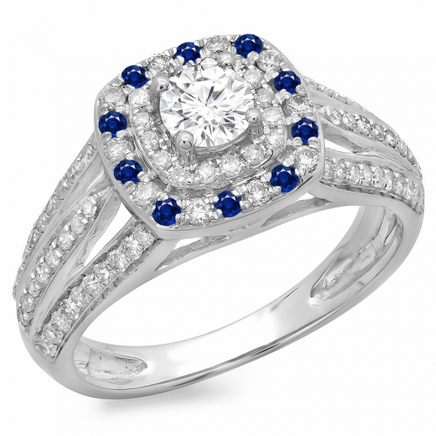 1.10 Carat (ctw) 10K White Gold Round Cut Blue Sapphire & White Diamond Ladies Split Shank Vintage Style Bridal Halo Engagement Ring 1 CT