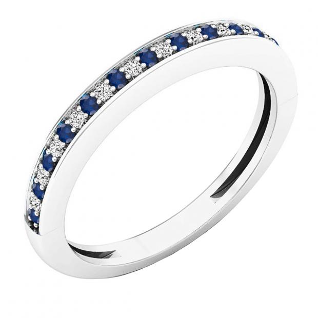14K White Gold Round Blue Sapphire And White Diamond Ladies Bridal Wedding Band